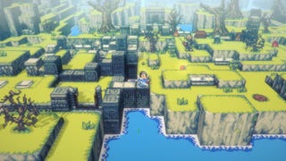 A screenshot of Jasper Byrne's new action-RPG, showing a small 2D figure exploring a blocky coastine with monoliths and trees