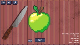 An apple about to be cut in half in 50/50