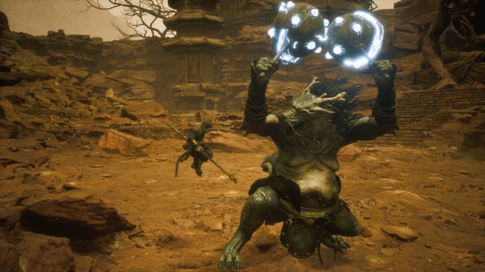 Black Loong, a hidden boss in Black Myth: Wukong's Chapter 2, prepares to unleash a thunderwave with his electric rattles.
