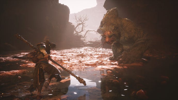 Fighting the Mad Tiger at the bottom of the Sandgate Village well in Black Myth: Wukong's Chapter 2.