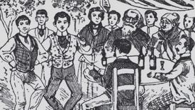 A drawing of young men dancing for a crowd of older people