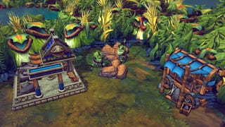 Two frogs hammer rocks with pickaxes in Against The Storm's Keepers Of The Stone DLC.