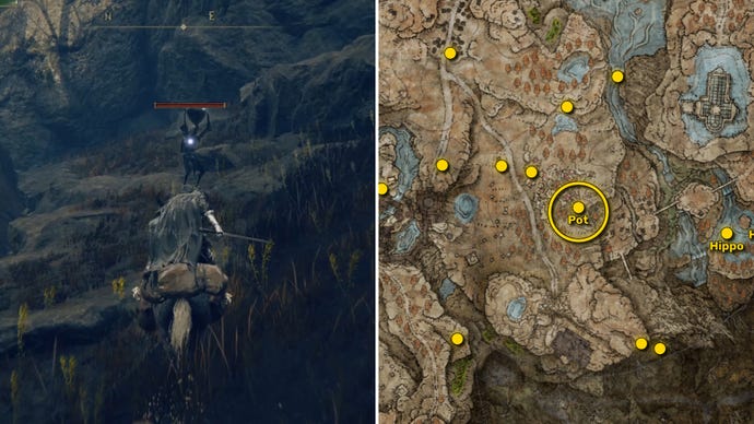Two screenshots from Elden Ring: Shadow Of The Erdtree. Left: the player approaches a Scadutree Fragment. Right: the location of that Scadutree Fragment on the map.