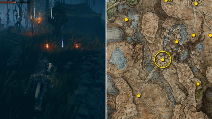 Two screenshots from Elden Ring: Shadow Of The Erdtree. Left: the player approaches a Scadutree Fragment. Right: the location of that Scadutree Fragment on the map.