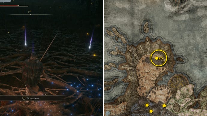 Two screenshots from Elden Ring: Shadow Of The Erdtree. Left: the player approaches a Scadutree Fragment. Right: the location of that Scadutree Fragment on the map.
