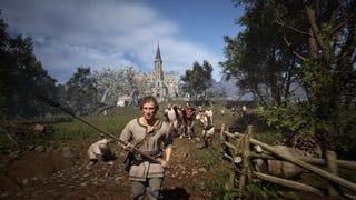 A screenshot from God Save Birmingham that shows a man holding a pitchfork running from a zombie horde in medieval Birmingham.