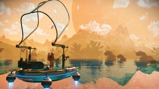 A spaceman stands atop his fishing platform, fishing under an enormous moon.