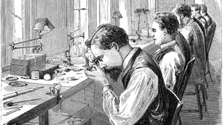 An old black and white illustration of the workshop of a watch factory where men are busy at work, sitting on chairs lining the workbench.