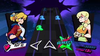 Cadence forces off against ghouls streaming down the frets of a guitar in Rift Of The NecroDancer.