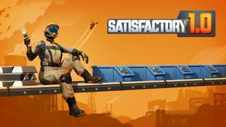 A Satisfactory character sitting on a conveyor belt with the caption "Satisfactory 1.0"