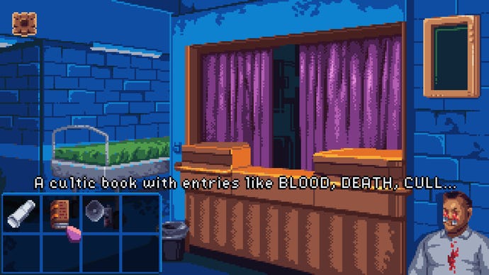 In the waiting room of a hospital in Devil's Hideout. The corpse of a man with his eyes gouged out lies on the ground.
