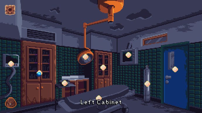 A glimpse of a hospital room in Devil's Hideout. All interactable objects have a little icon over them.