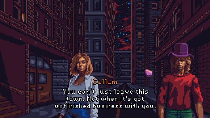 Lauren talks with a guy named Callum about the weird nature of the unnamed city that is the setting of Devil's Hideout.