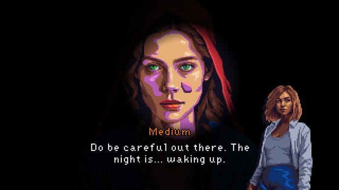 Chatting with a medium in Devil's Hideout who warns the player that the night is "waking up."