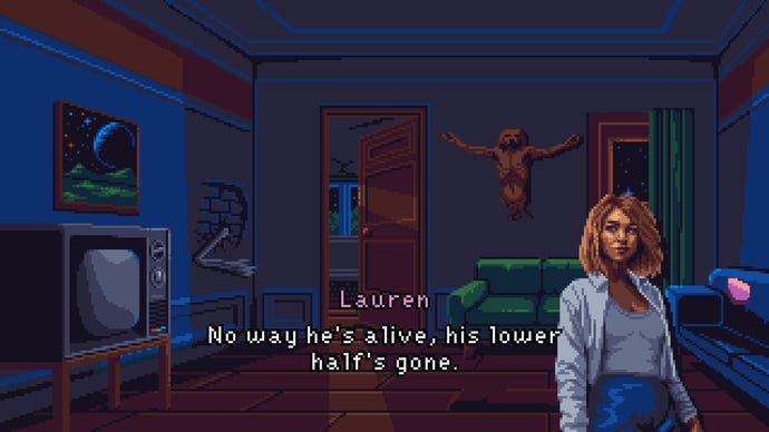 Lauren comments on a ripped body hanging on the wall of a room in Devil's Hideout.