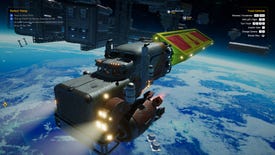A truck hauls a yellow, triangular trailer above a blue planet in Star Trucker.