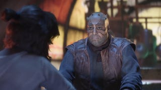 Star Wars Outlaws screenshot of 'The Bartender' Bram and Kay Vess at a cantina.