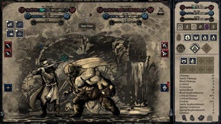A monster striking a man in a battle scene that looks like a hand-drawn storybook in Whispers Of The Eyeless