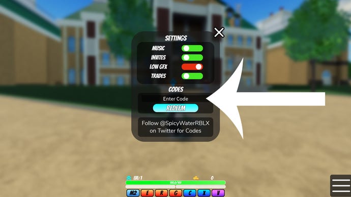 Arrow pointing at the codes menu in the Roblox game World of Stands.